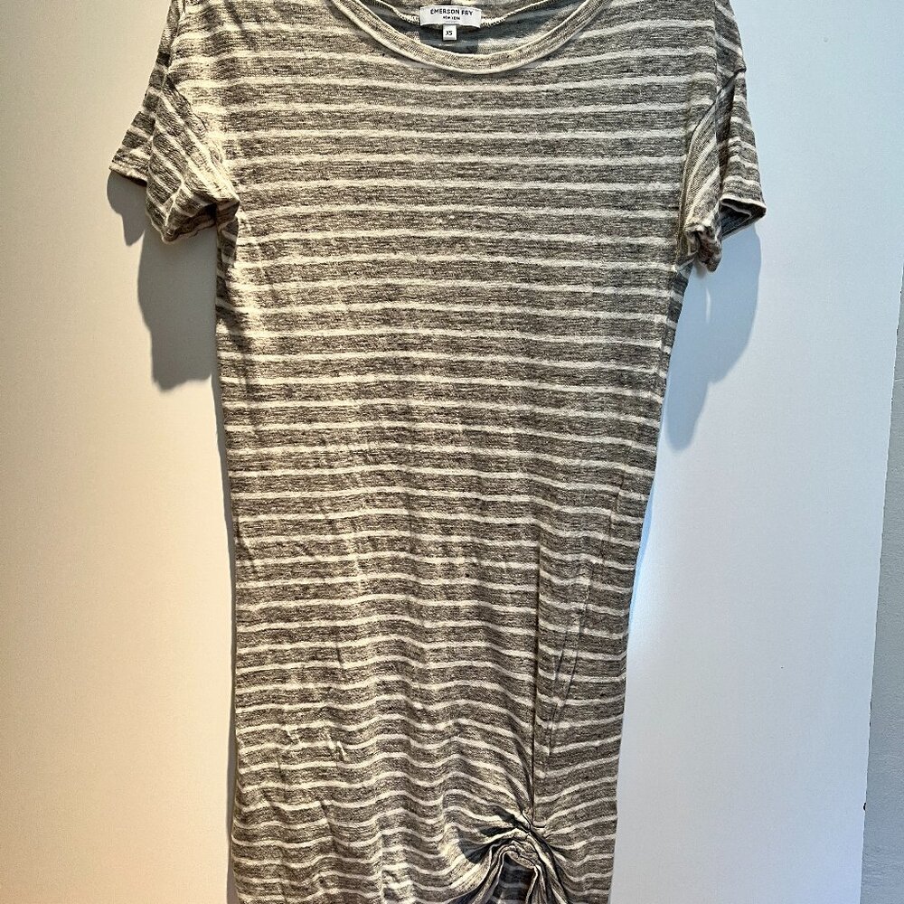 Emerson Fry Grey Striped Ruched Side 100% Linen Dress Casual Women’s Bohemian XS
